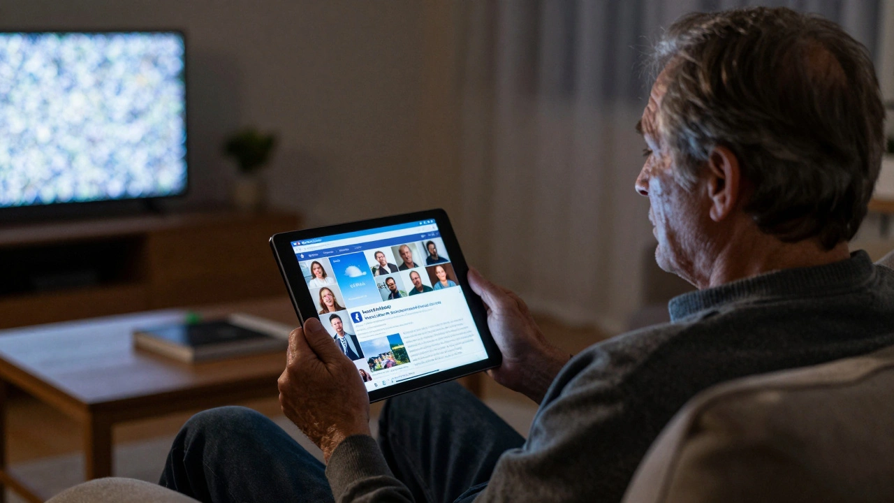 An older adult scrolling through a cluttered Facebook news feed in a dimly lit room.