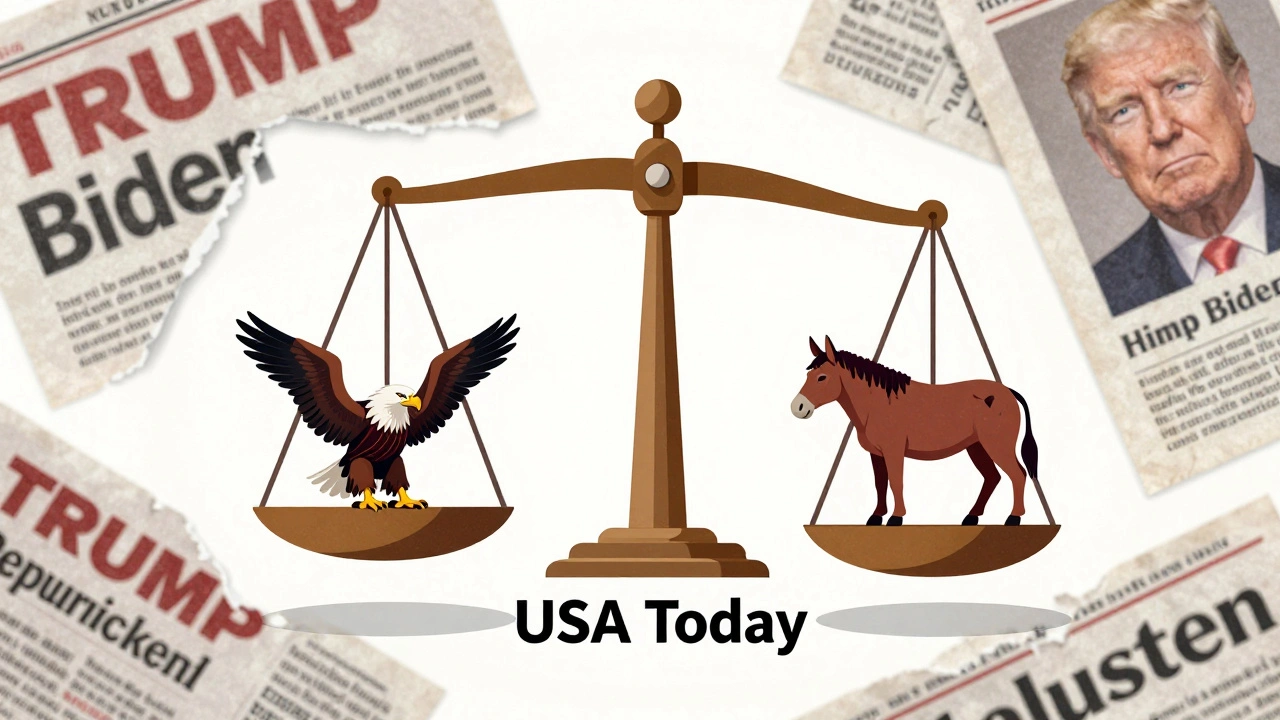 Balanced scale with Republican eagle and Democratic donkey, centered on USA Today label
