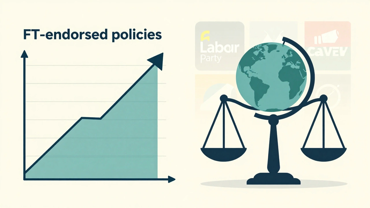 Balanced scales holding a globe and stock ticker, symbolizing economic pragmatism over political ideology.