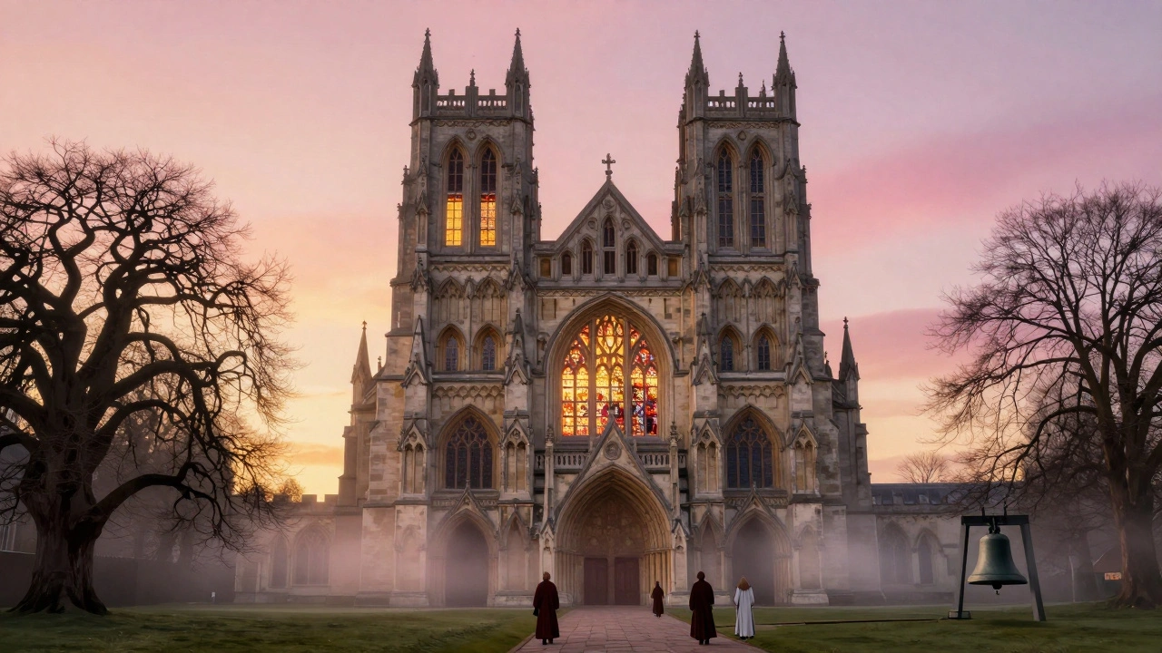 Canterbury Cathedral at dawn, pilgrims approaching under glowing stained glass.