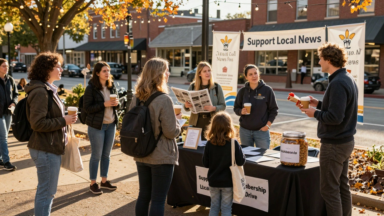 Community members at a local newspaper-hosted event with coffee and donation jar.