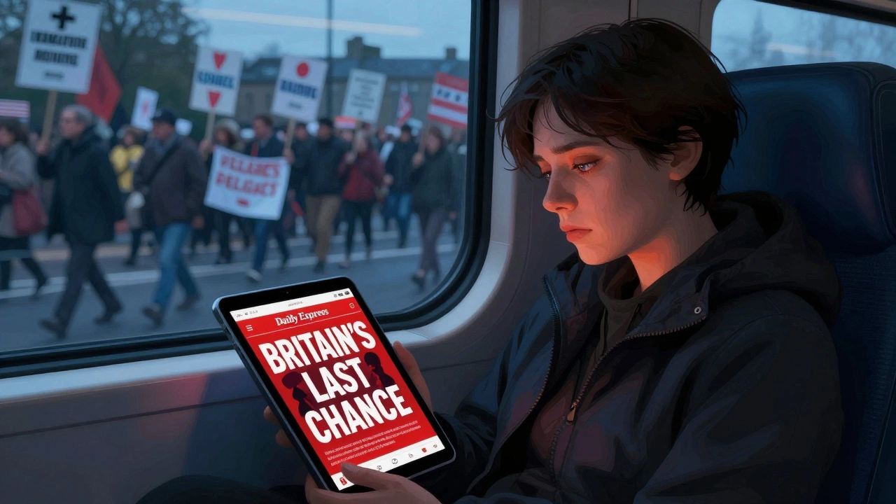 Commuter on a train reading Daily Express on tablet, dramatic headline visible, protest outside window.