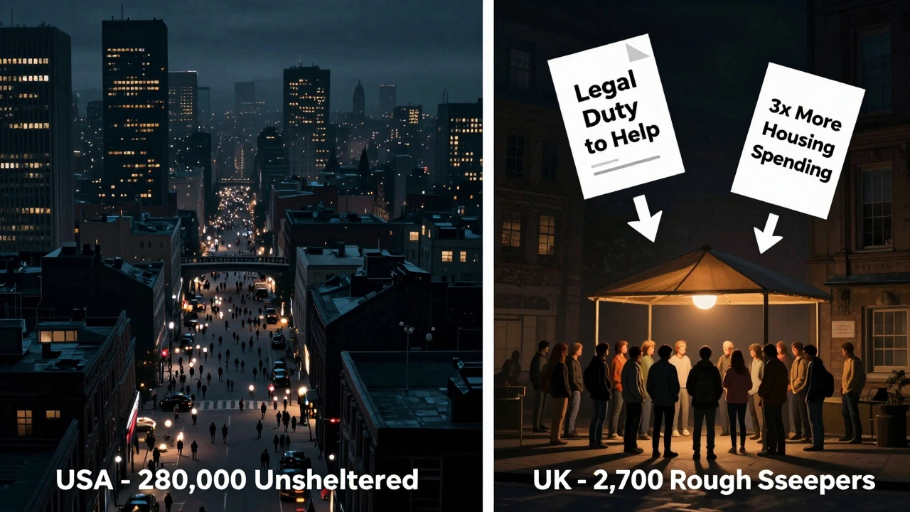 Contrasting scenes: hundreds of homeless people scattered across a U.S. city vs. a small group under shelter in the UK.