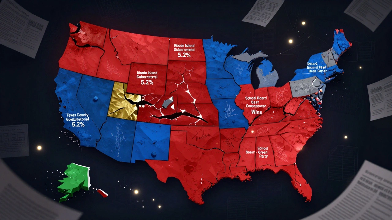 Cracked U.S. electoral map showing third-party local victories breaking through red and blue