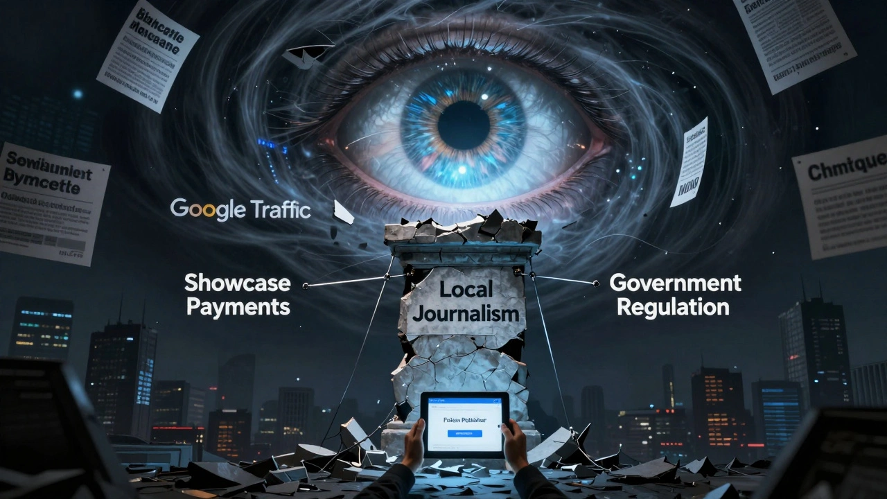 Digital art of a crumbling journalism pillar supported by Google and regulation cables, with a hopeful user interface glow.