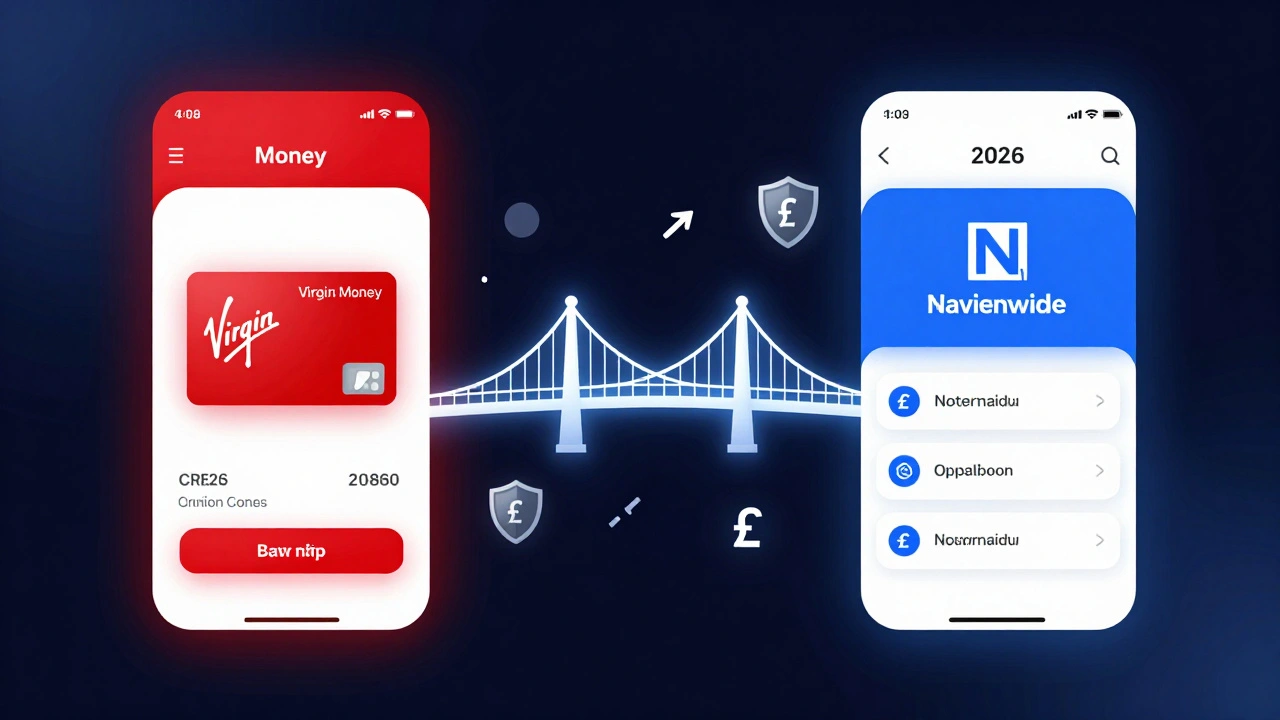 Digital banking app interface merging Virgin Money's red design with Nationwide's blue design, connected by glowing data streams.