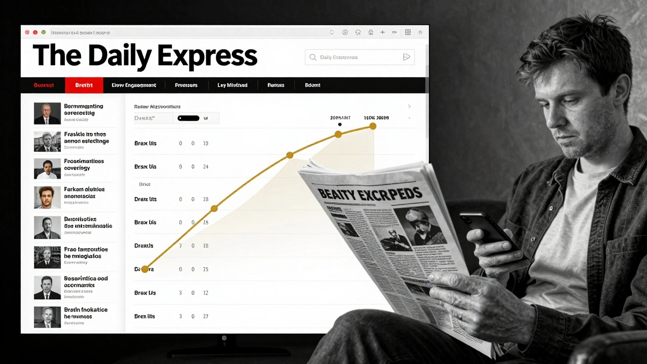 Digital split-screen showing Daily Express algorithm feeding on political headlines while aging reader holds print copy.