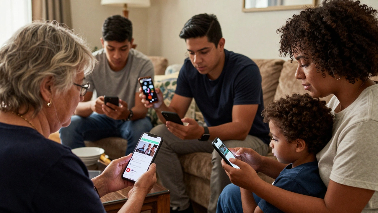 Diverse group sharing news clips on phones in a living room, casual and connected.