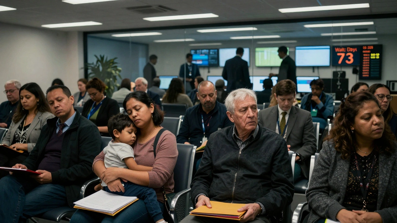 Diverse individuals wait silently in a crowded Home Office waiting room under harsh lights, clutching documents.