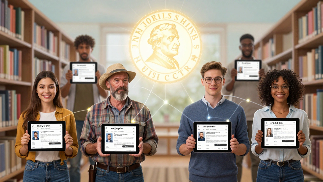 Diverse readers across America and abroad viewing NYT app, connected by glowing Pulitzer emblem