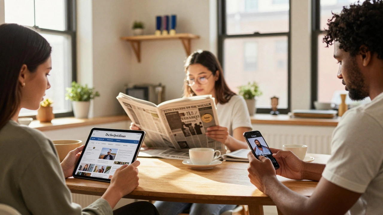 Diverse readers engaging with The New York Times on tablet, newspaper, and smartphone in a sunlit apartment.