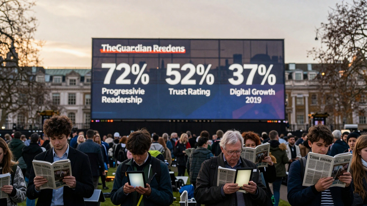 Diverse readers in a London park holding The Guardian, with digital metrics glowing softly in the background.