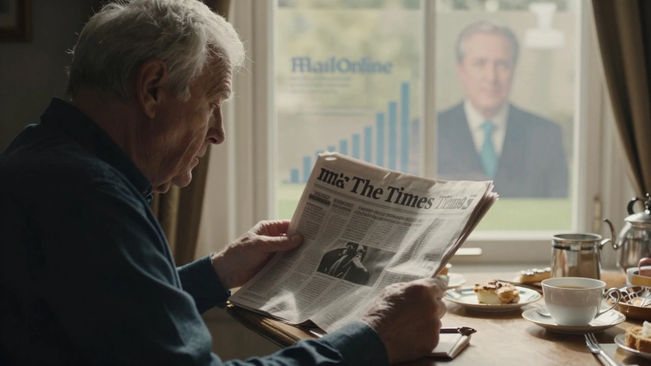 Elderly man reading The Times at breakfast, faint political silhouettes visible in the background.