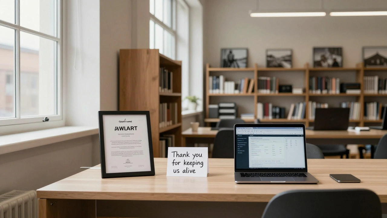 Empty nonprofit newsroom with grant plaque and sunlight streaming through windows.