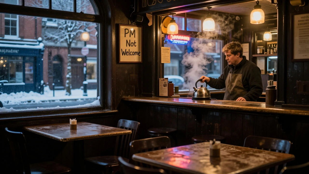 Empty pub with a sign banning the Prime Minister, owner gazing out at snowy street.