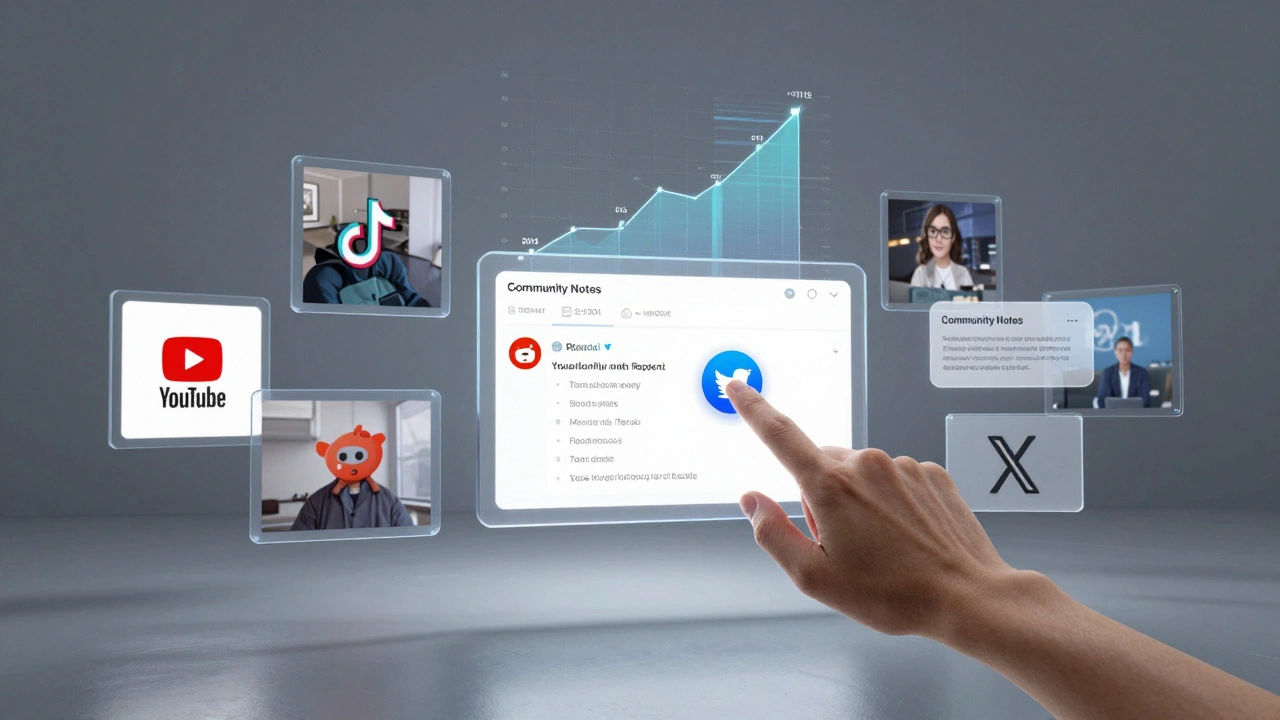 Floating digital screens from multiple news platforms with verified badges and fact-check annotations.