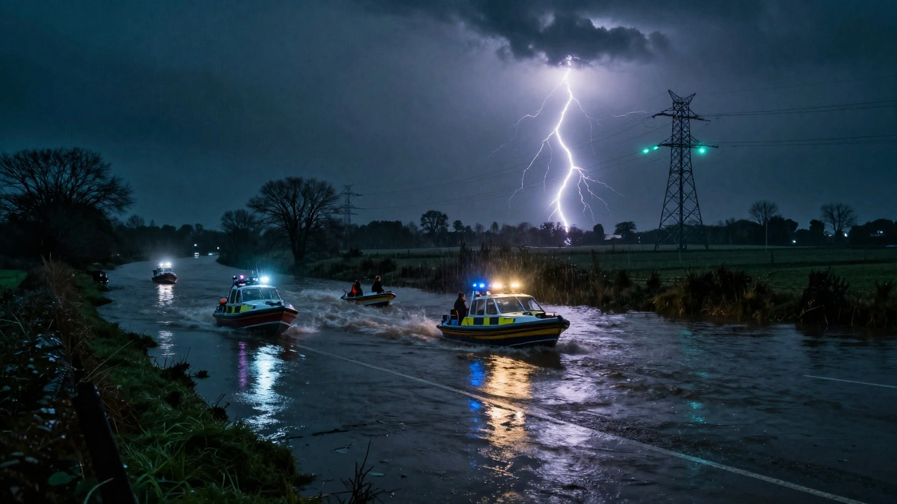 Flooded British village at night with emergency boats rescuing people during a severe winter storm.