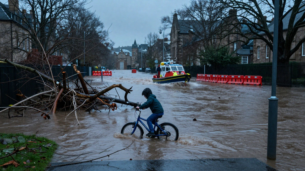 Flooded Edinburgh street with a child's bicycle floating amid debris from Storm Bram.