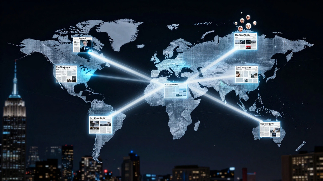 Global digital network centered on The New York Times with subscriber and award indicators.