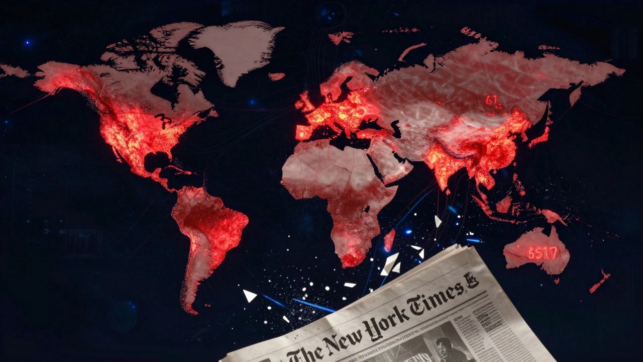 Global map with glowing visits to NYT website, print edition crumbling into digital particles.