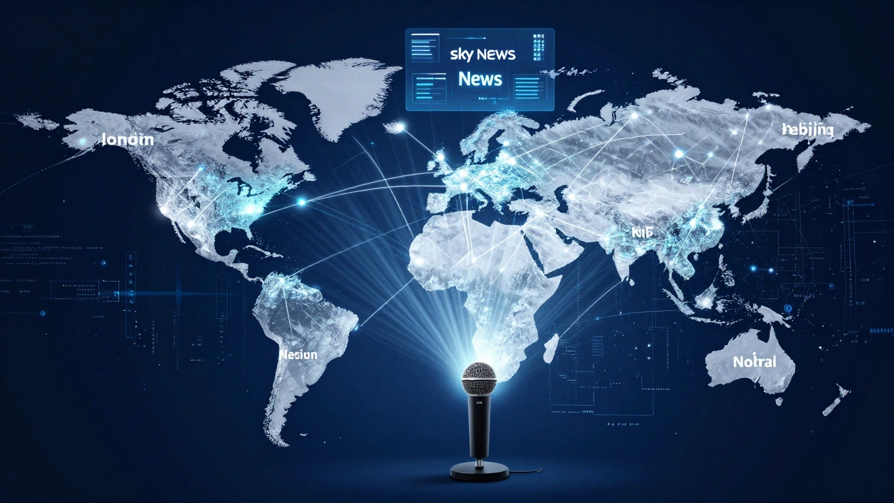 Global network of light connecting Sky News bureaus worldwide, with AI fact-checking interface above a newsroom.