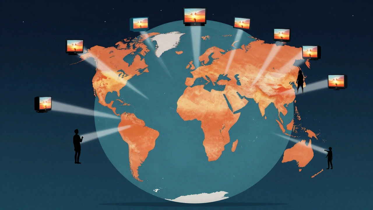 Globe connected by TV signals showing Baywatch's global reach.