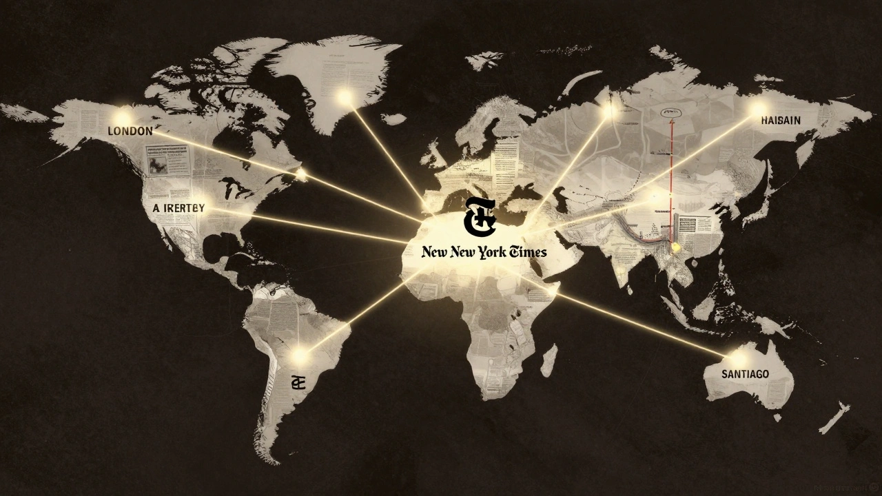 Golden light beams connect world cities to the New York Times logo, representing global journalism reach.