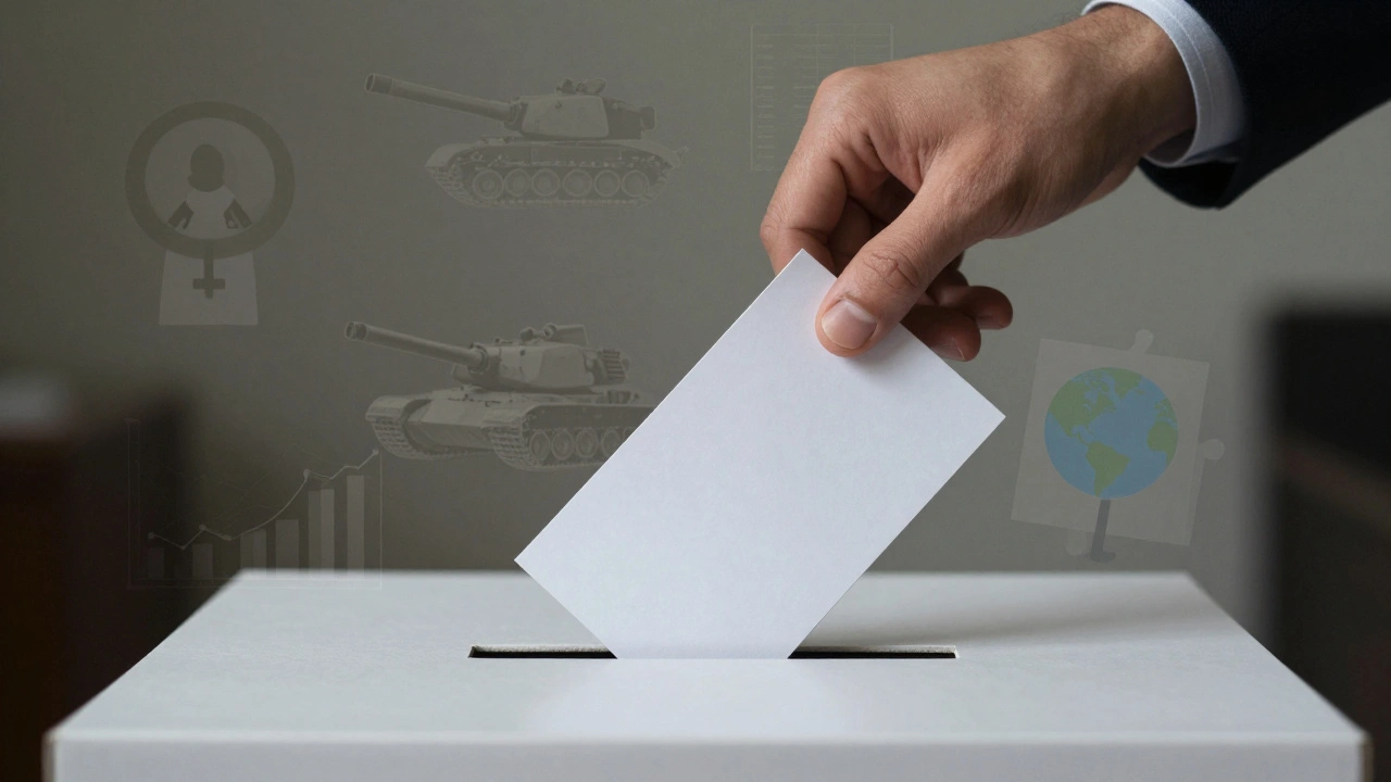 Hand casting a ballot with translucent political icons layered behind, symbolizing mixed voter priorities.