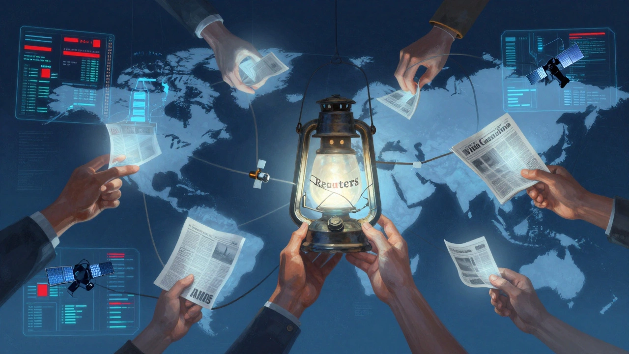 Hands from around the world passing a glowing Reuters lantern through digital networks