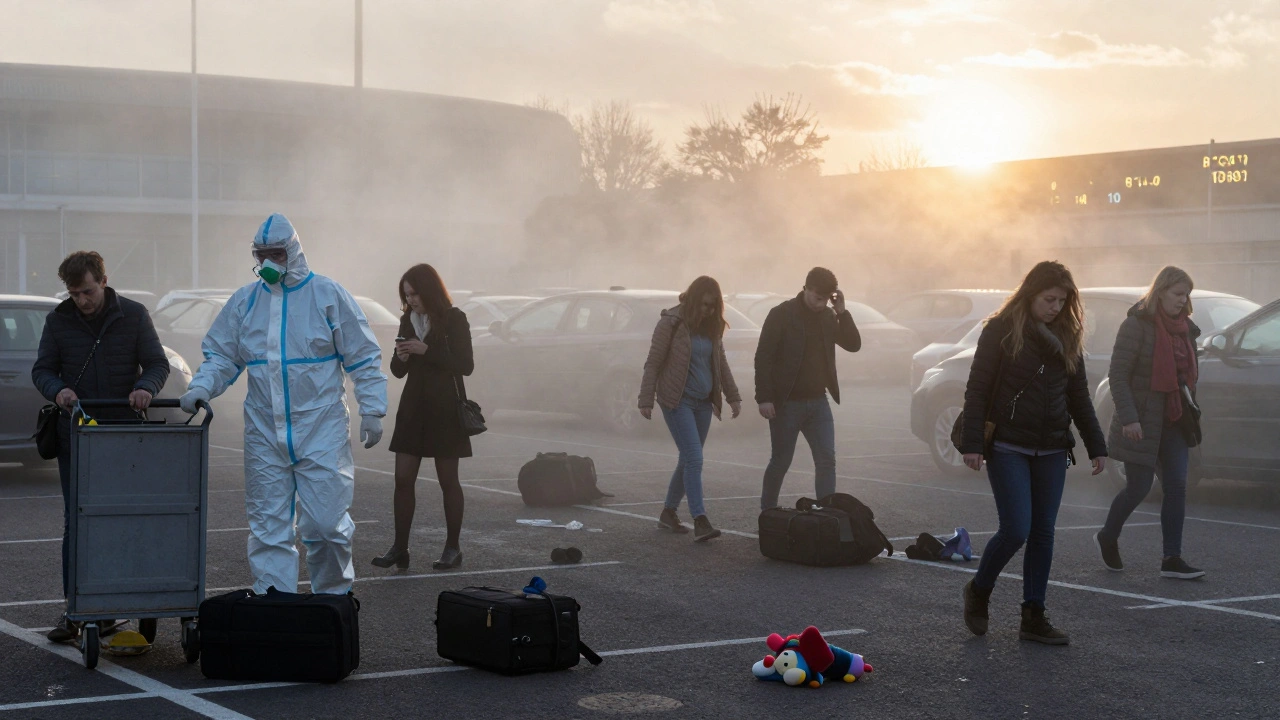 Heathrow car park chaos at dawn with hazmat responders and stranded passengers amid chemical mist.