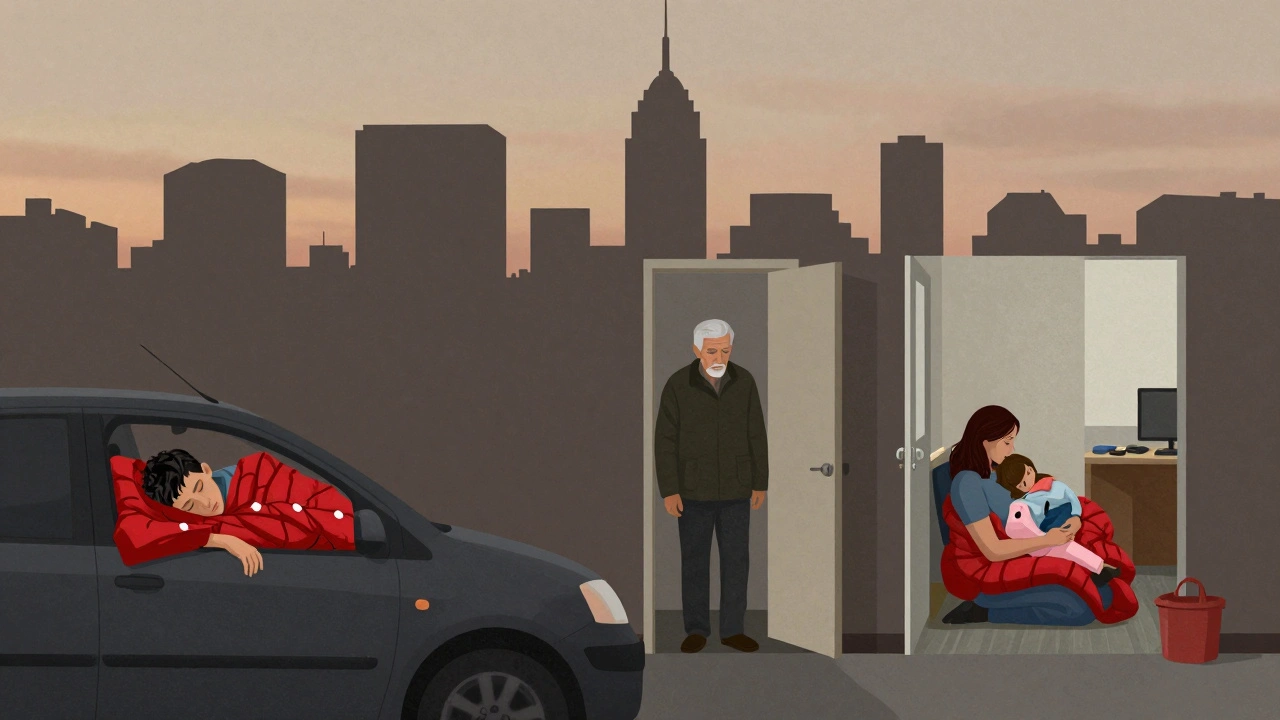 Hidden faces of homelessness—youth in a car, elderly in a doorway, mother in a windowless room—blended into a cityscape at dawn.