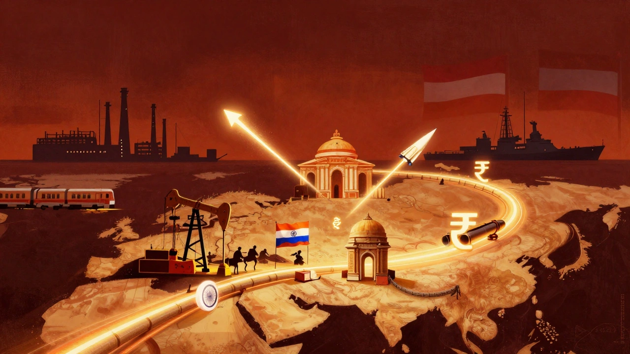 India and Russia’s economic alliance visualized through interconnected pipelines, missiles, and currency symbols over a Eurasian map.