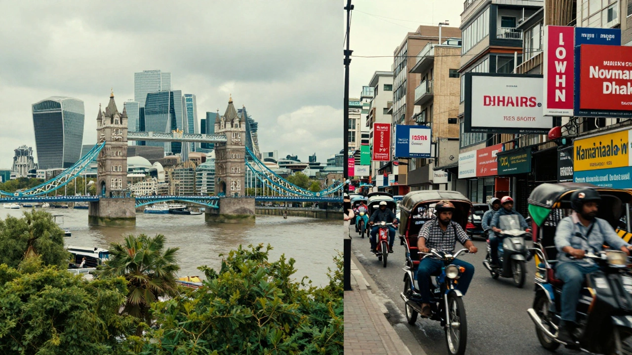London's historic skyline next to Dhaka's crowded streets, highlighting contrasting urban scales.