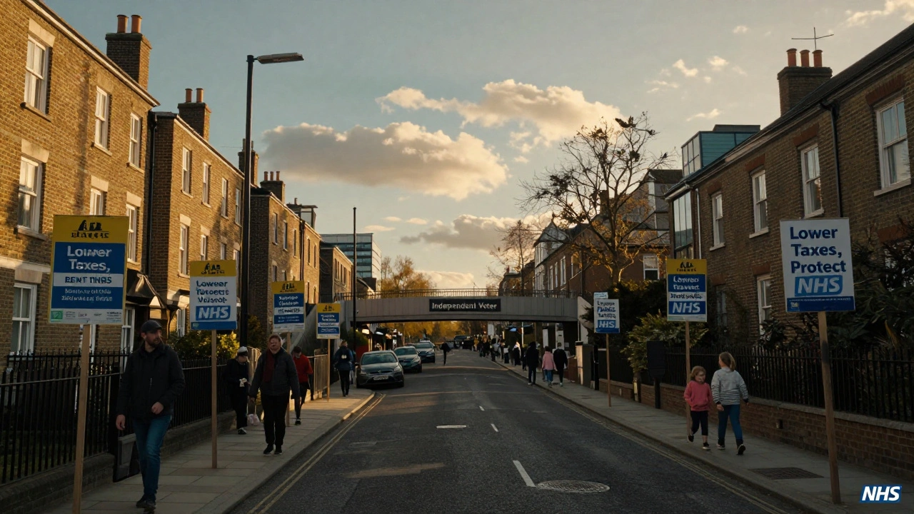 London cityscape split between Hackney housing and Kent NHS scenes, connected by a bridge labeled 'Independent Voter'.