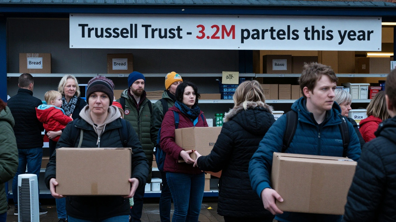 Long line of people waiting at a crowded UK food bank, children in tow, shelves nearly empty.