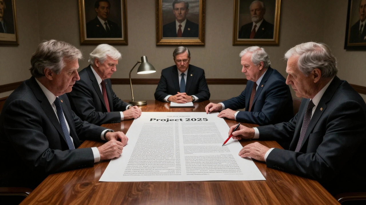 Men in suits reviewing Project 2025 document under a desk lamp, shadows casting tension in a quiet room.