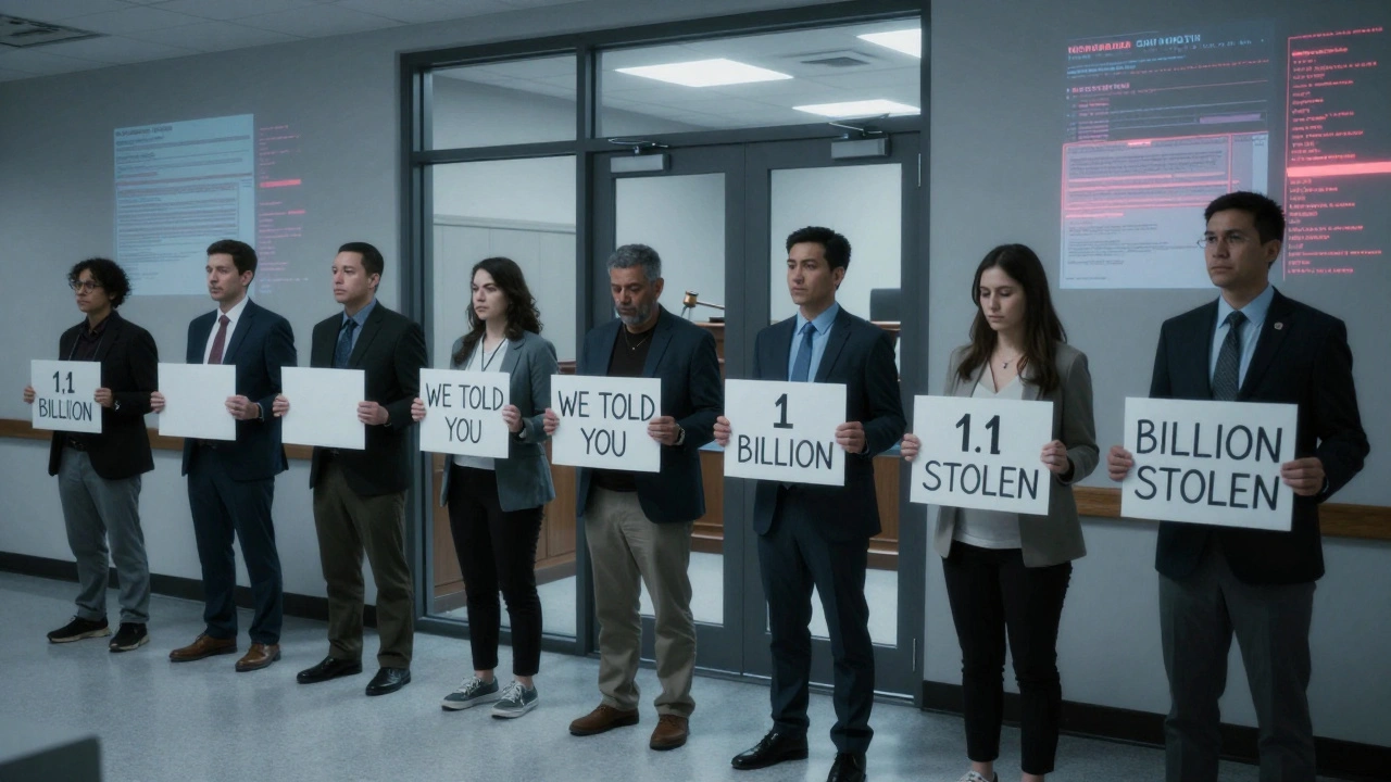 Minnesota DHS whistleblowers standing silently in a courthouse hallway with signs about financial fraud.