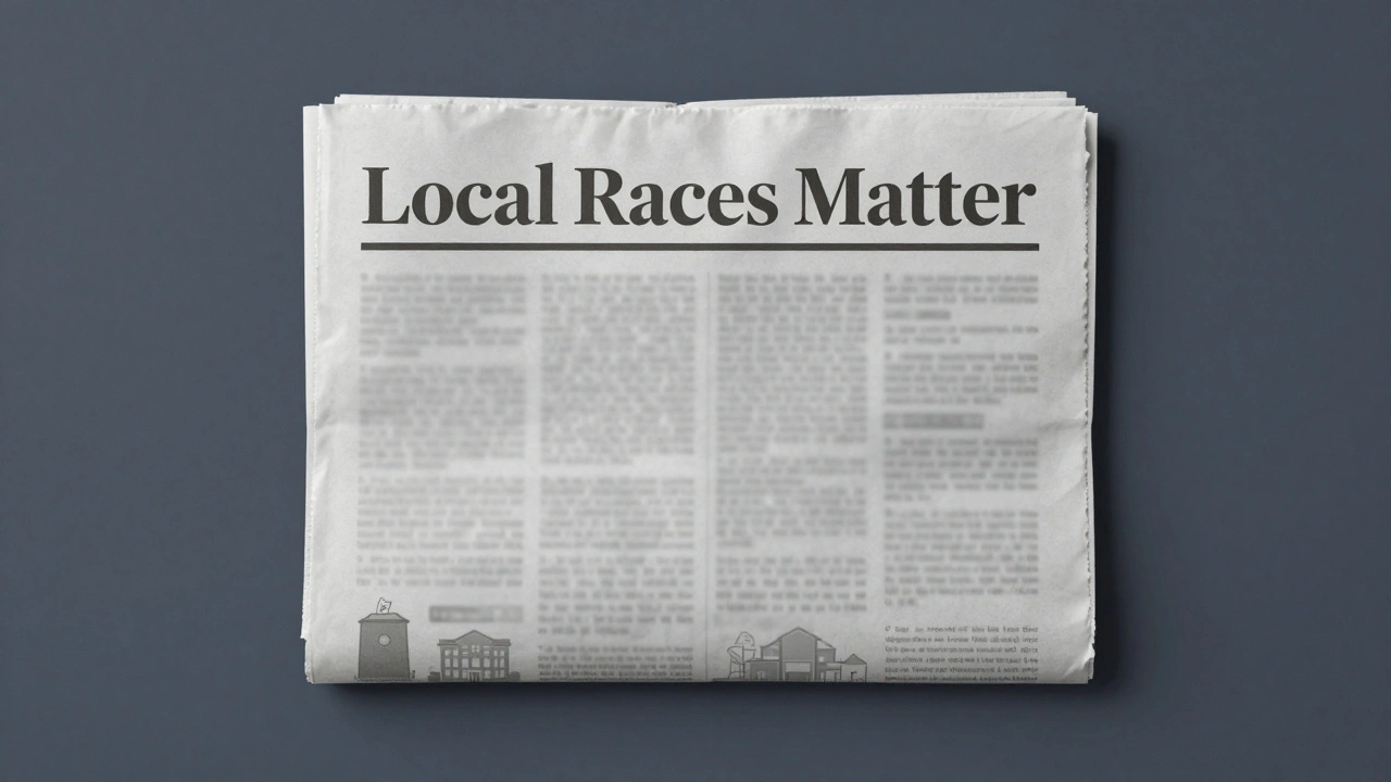 Newspaper front page with 'Local Races Matter' headline, no political symbols, minimal design