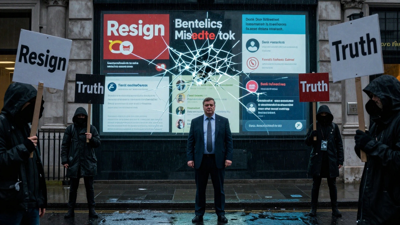 Nigel Farage under stormy sky, surrounded by protest signs and digital disinformation visuals.