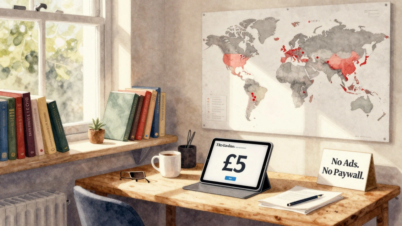 Person donating to The Guardian with a world map showing international readership.