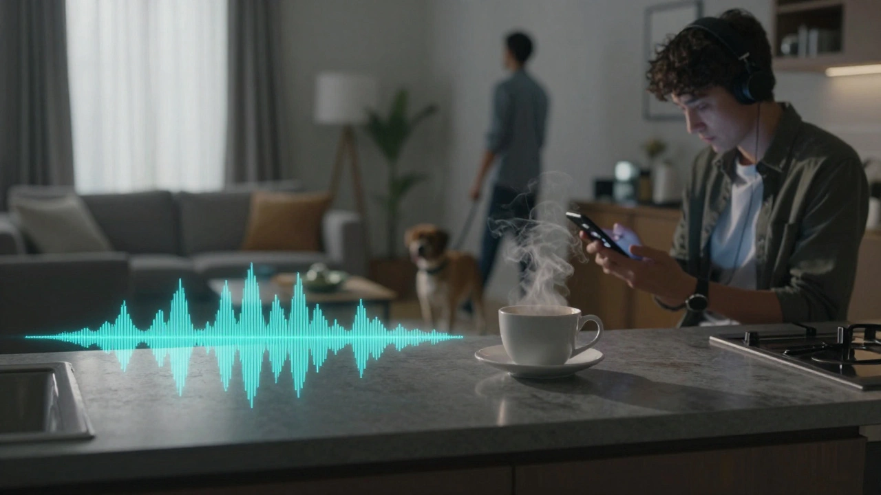 Person listening to an AI news briefing while making coffee and walking their dog.