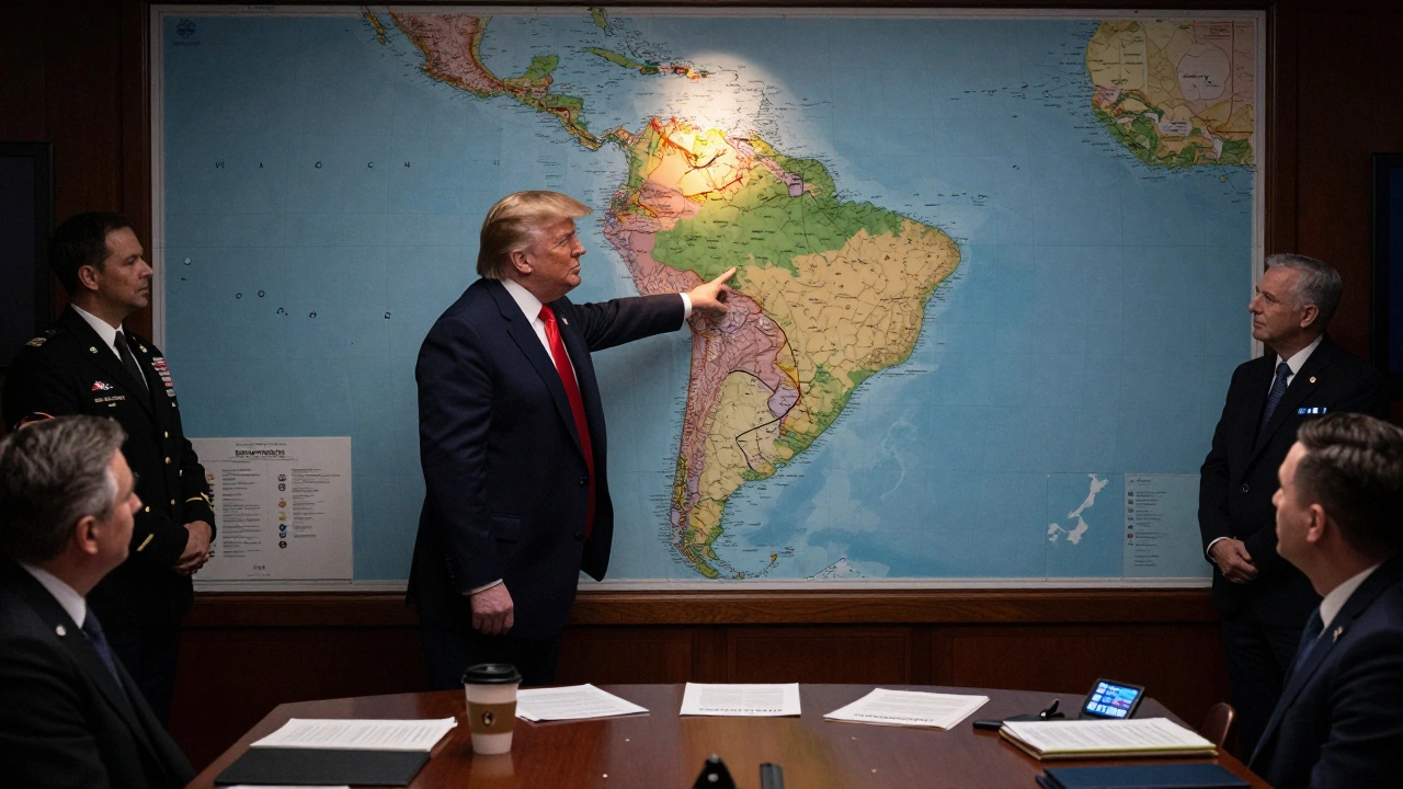 President Trump pointing at a map of Latin America in the White House Situation Room with classified documents on the table.