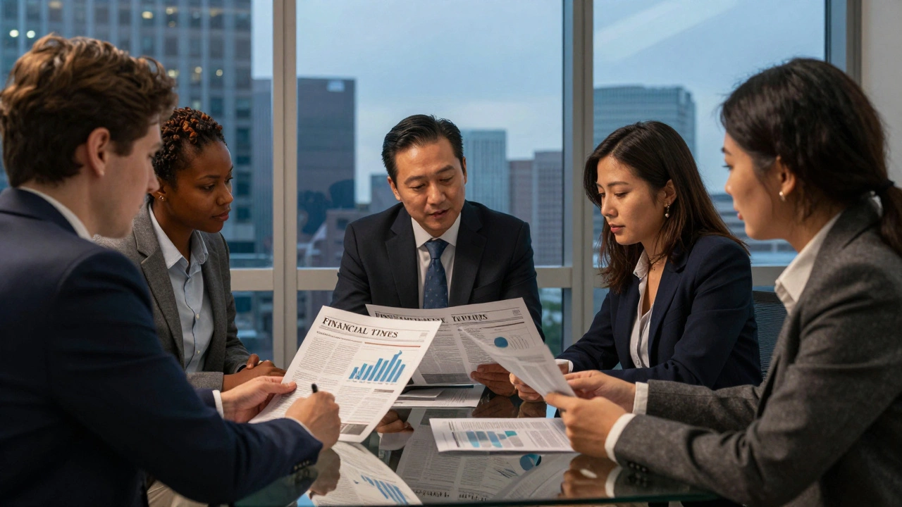 Professionals reviewing a Financial Times report on climate economics and labor mobility in a high-rise office.
