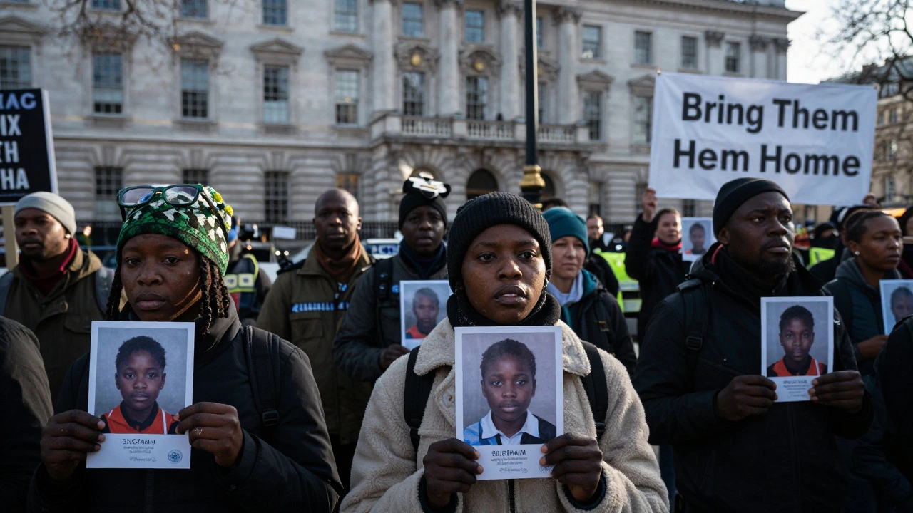 Protesters in London hold photos of kidnapped Nigerian students, demanding their safe return.
