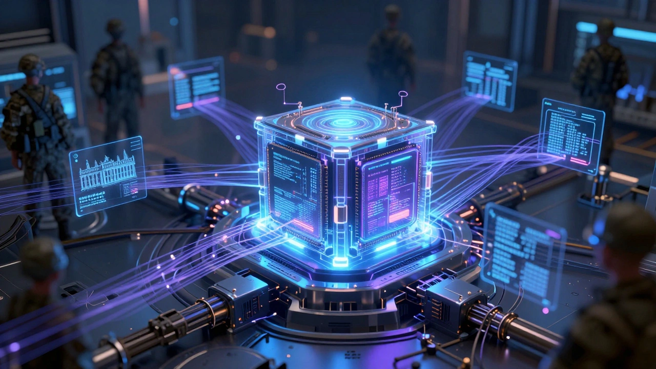 Quantum computer core glowing in UK-Germany lab, with data links to Oxford, Cambridge, and Berlin.