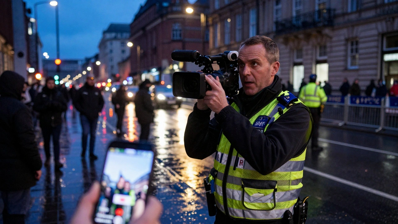 Reporter filming live protest in Manchester at night, rain reflecting neon lights, smartphone showing live stream.