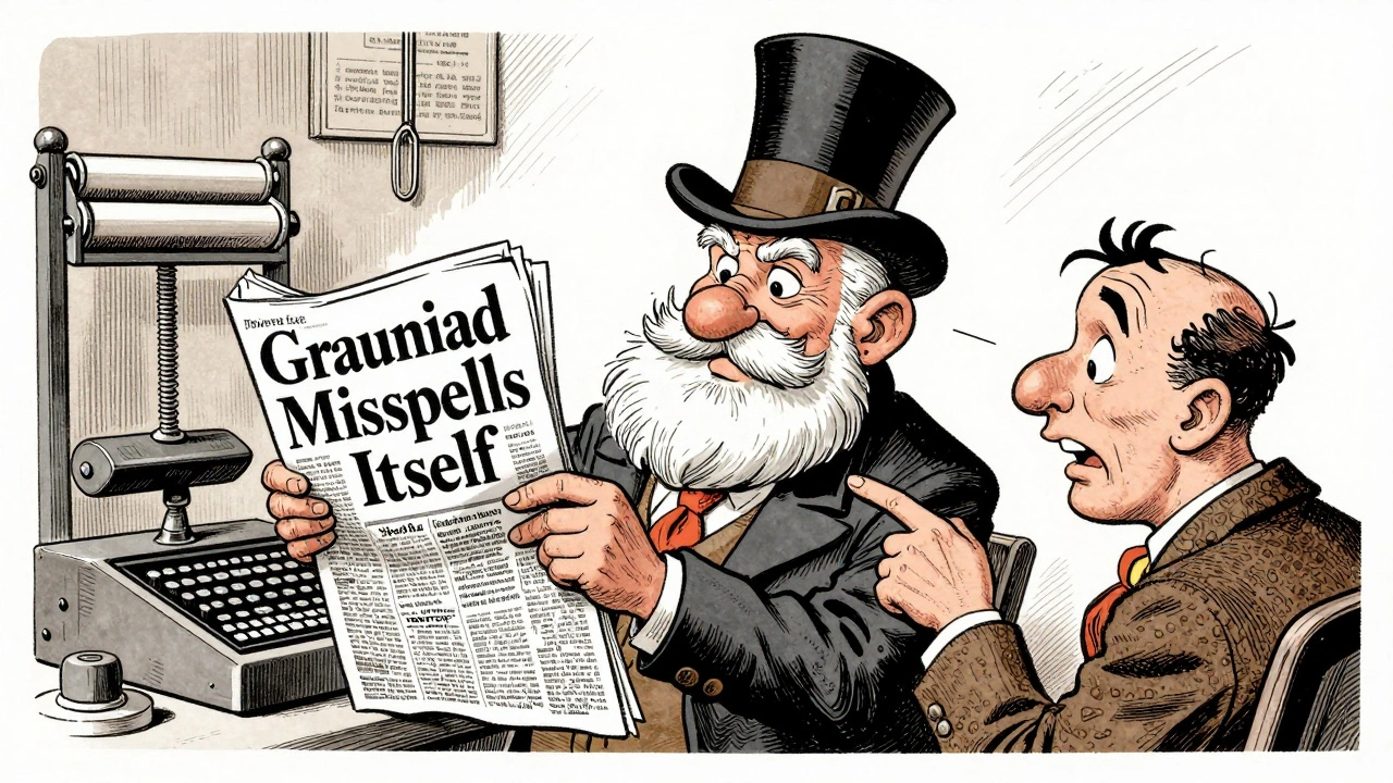 Satirical cartoon of Lord Gnome holding a newspaper with 'Grauniad' headline