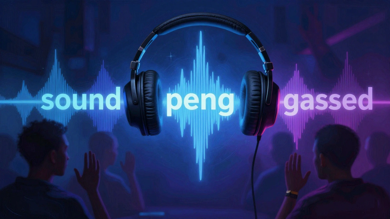 Sonic wave of London slang words radiating from headphones in a youth club.