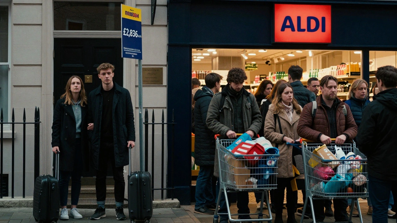 Split scene: overwhelmed couple outside expensive London rental vs. family shopping at discount supermarket in Hull.