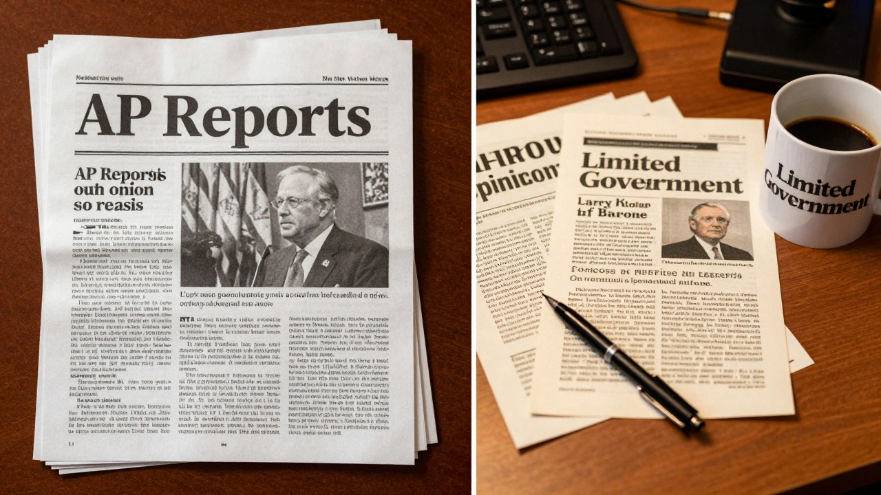 Split scene showing neutral news wires and conservative opinion pieces on a desk.